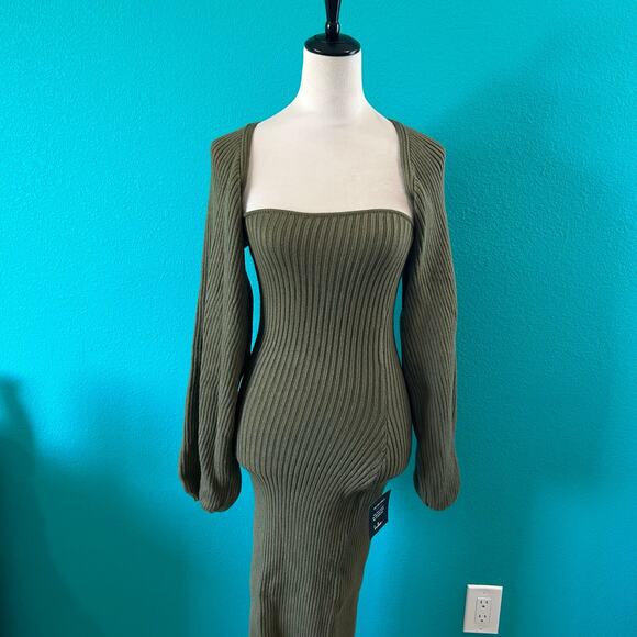NWT Lulus Autumn Aura Olive Green Ribbed Two-Piece Sweater Dress Strapless Sz S - Picture 5 of 11